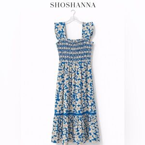 NWOT Shoshanna Blue Floral Smocked Midi Dress Ruffle Strap Cotton Size 10